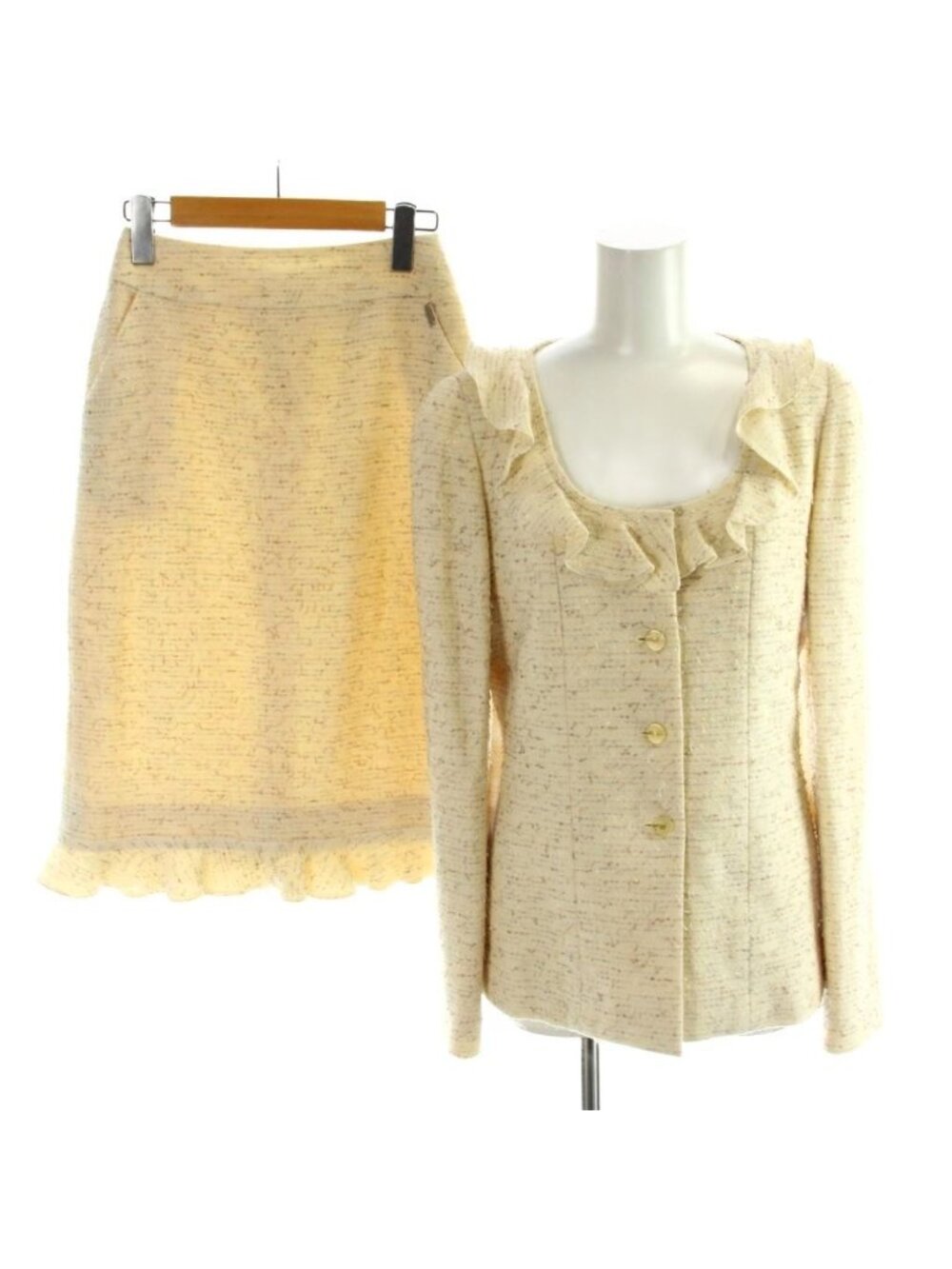 Chanel Set Jacket Pencil Skirt Knee-Length Wool Tweed CC Logo Beige